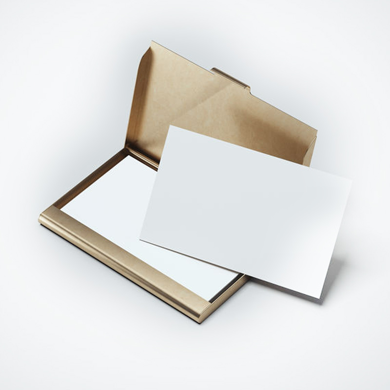 White business cards with golden holder. 3d rendering