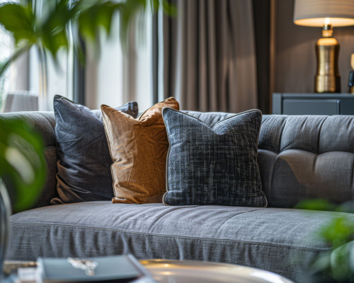 Elegant and cozy living room interior with modern home decor and natural textures